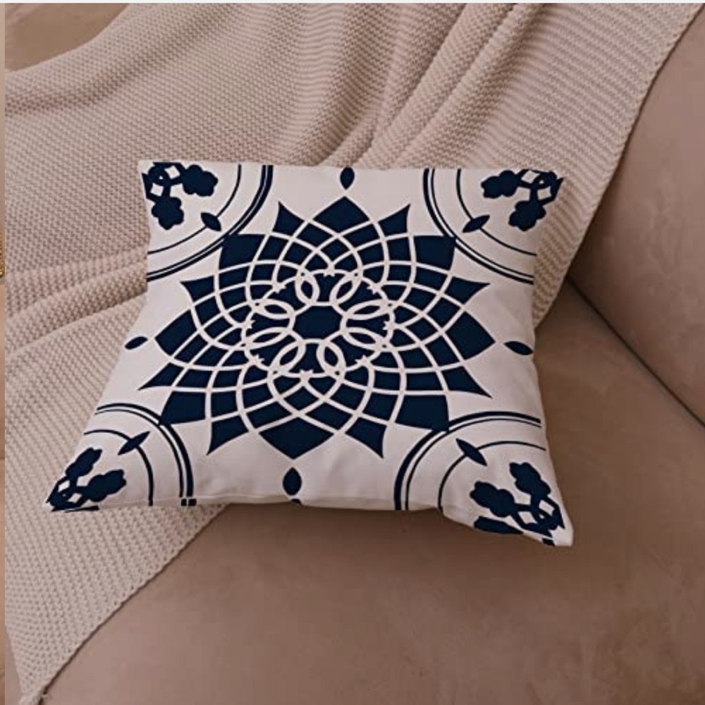 Geometric Navy Blue Flower Decorative Throw Pillow Covers 20x20”, Set of 4 - Picture 6 of 6